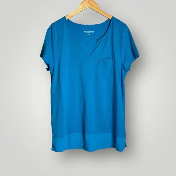 Soft Surroundings | Short Sleeve Top Mixed Media V Neck Pocket Blue EUC - Picture 5 of 7